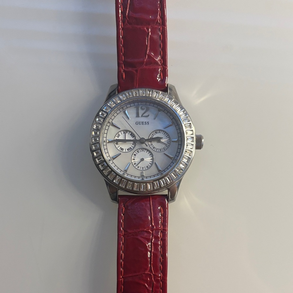 Guess Silver-Tone Crystal Bezel Watch with Red Croc Leather Strap
